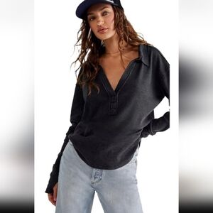 Free People We The Free Anakin Thermal Black Thermal Polo Shirt V Neck